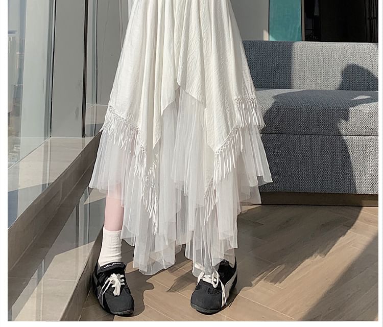 High Waist Asymmetrical Panel Mesh Maxi A-Line Skirt