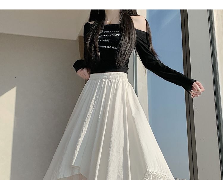 High Waist Asymmetrical Panel Mesh Maxi A-Line Skirt