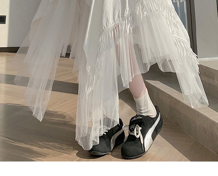 High Waist Asymmetrical Panel Mesh Maxi A-Line Skirt