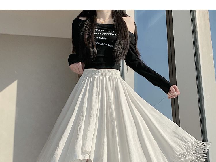 High Waist Asymmetrical Panel Mesh Maxi A-Line Skirt
