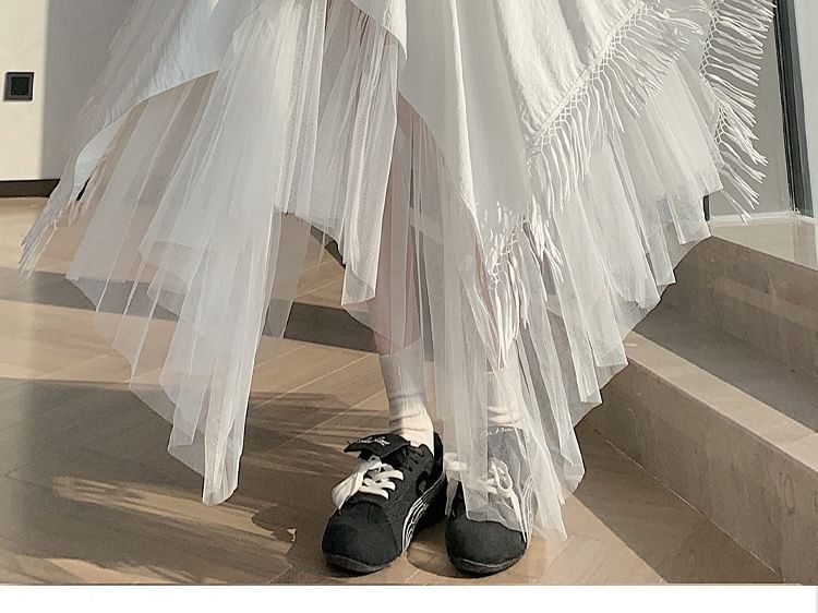 High Waist Asymmetrical Panel Mesh Maxi A-Line Skirt