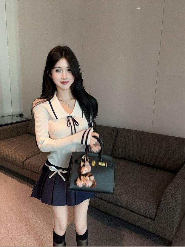 Slim Fit Knit Top with Collar, Contrast Trim, and Long Sleeves
