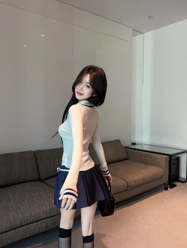 Slim Fit Knit Top with Collar, Contrast Trim, and Long Sleeves
