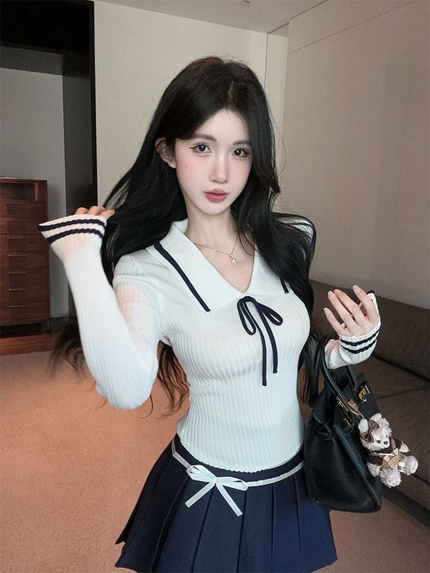 Slim Fit Knit Top with Collar, Contrast Trim, and Long Sleeves