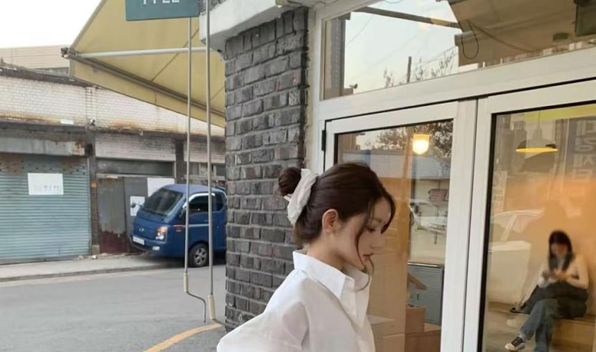 Set: Collared Long Sleeve Shirt with Matching Scrunchie