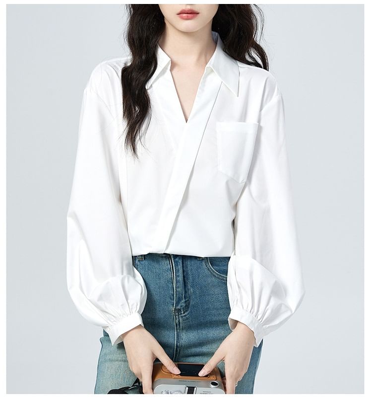 Wrap Blouse with V-Neck, Collar, and Long Sleeves