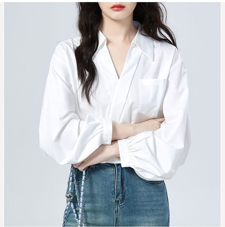 Wrap Blouse with V-Neck, Collar, and Long Sleeves