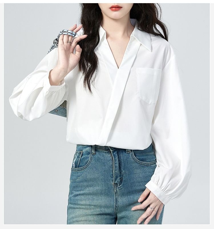 Wrap Blouse with V-Neck, Collar, and Long Sleeves