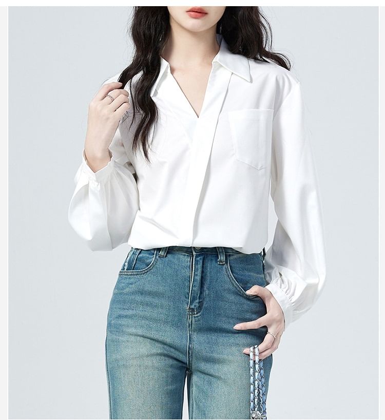 Wrap Blouse with V-Neck, Collar, and Long Sleeves