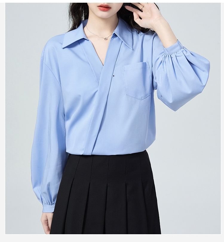Wrap Blouse with V-Neck, Collar, and Long Sleeves