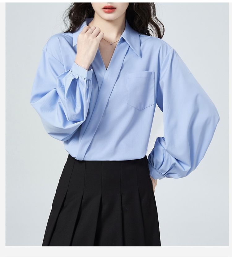 Wrap Blouse with V-Neck, Collar, and Long Sleeves