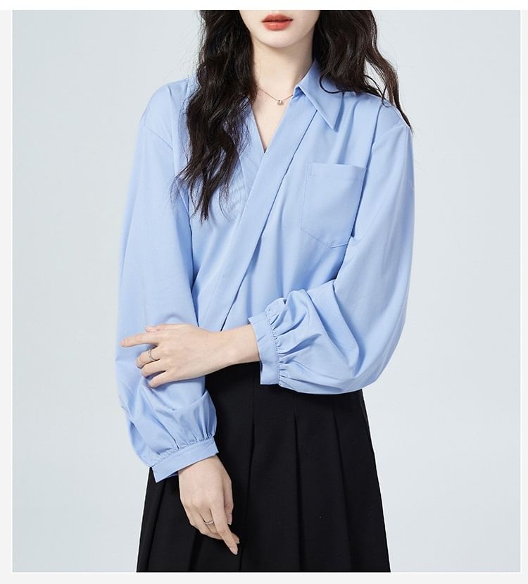 Wrap Blouse with V-Neck, Collar, and Long Sleeves