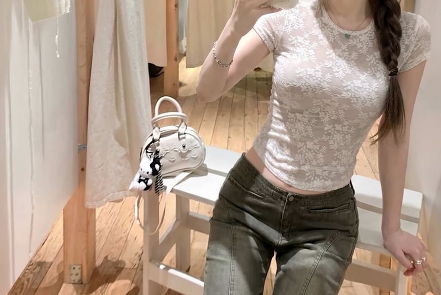 Crew Neck Crop Lace Top Short Sleeve