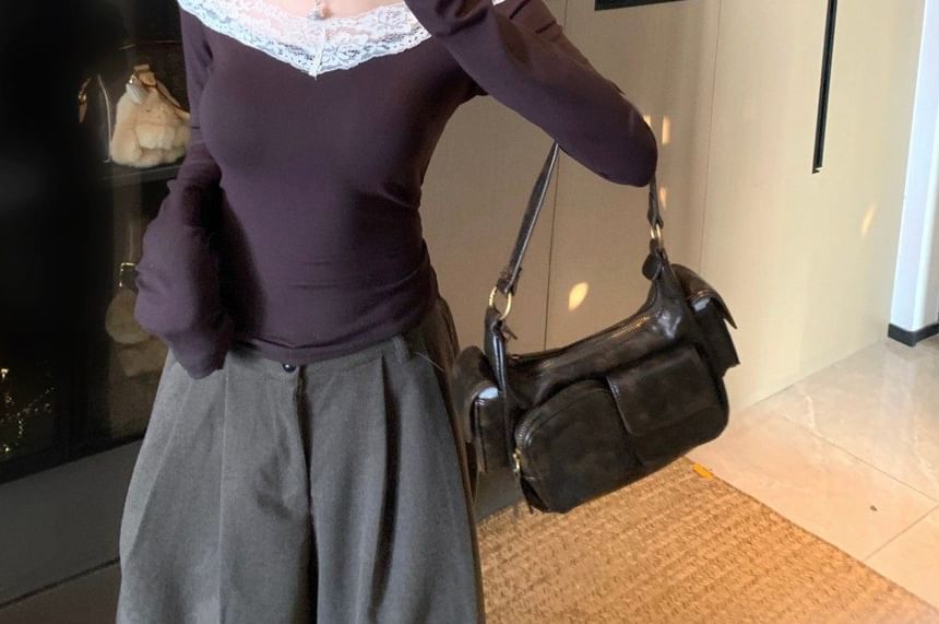 Off-Shoulder Long-Sleeve Lace Trim Shirred T-Shirt