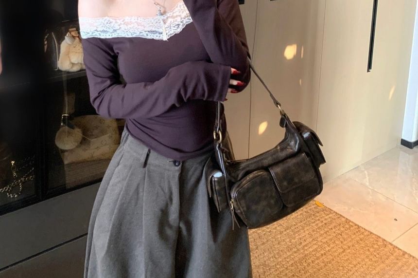 Off-Shoulder Long-Sleeve Lace Trim Shirred T-Shirt