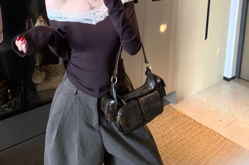 Off-Shoulder Long-Sleeve Lace Trim Shirred T-Shirt