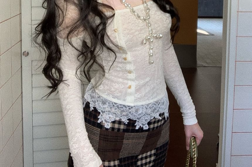 Asymmetrical Cutout Lace Top with Long Sleeves