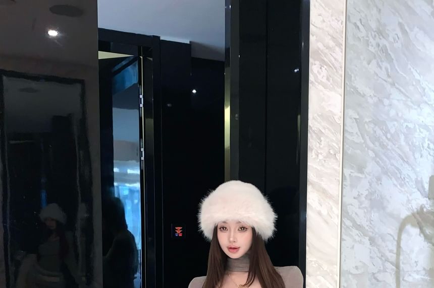 Halter Panel Top with Long Sleeves and Faux Fur Mini Pencil Skirt