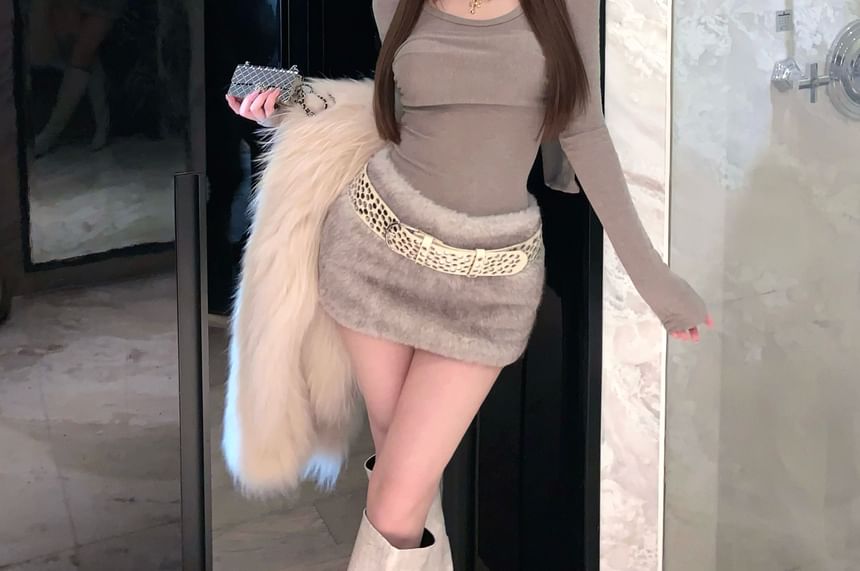 Halter Panel Top with Long Sleeves and Faux Fur Mini Pencil Skirt