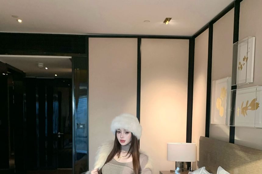 Halter Panel Top with Long Sleeves and Faux Fur Mini Pencil Skirt