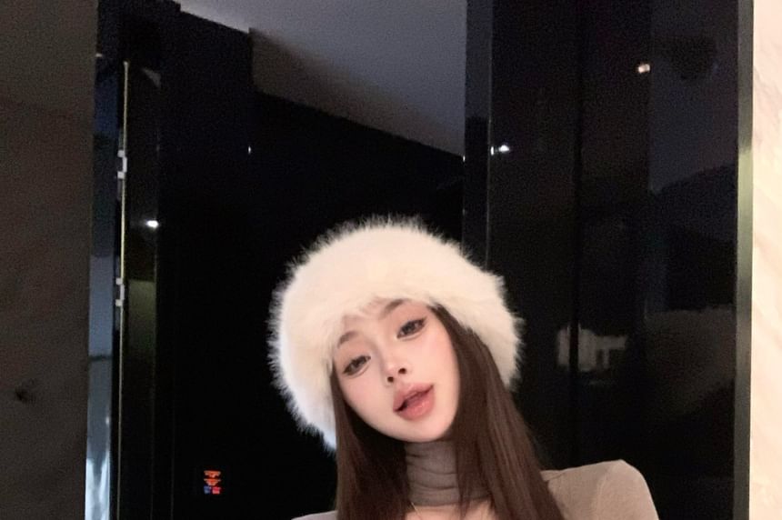 Halter Panel Top with Long Sleeves and Faux Fur Mini Pencil Skirt