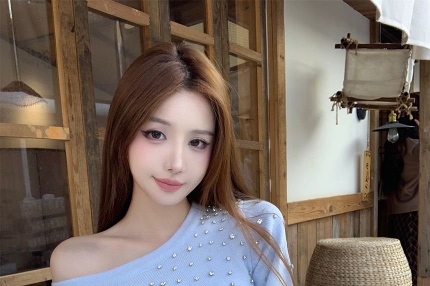 Rhinestone One-Shoulder Sweater