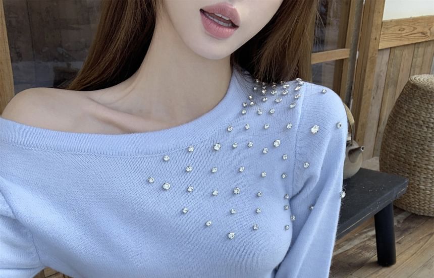 Rhinestone One-Shoulder Sweater