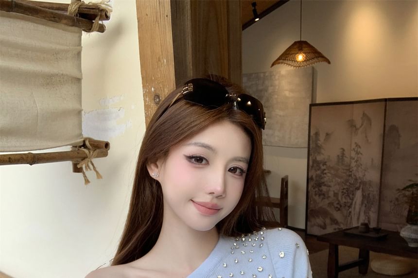 Rhinestone One-Shoulder Sweater