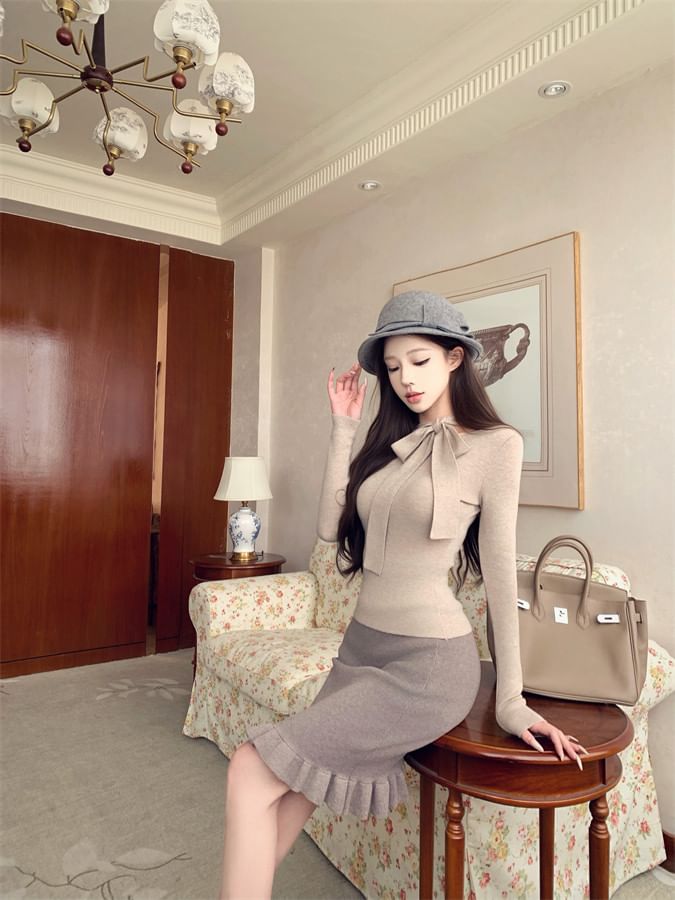 Tie Neck Knit Top with Cutout and High Waist Ruffle Knit Skirt