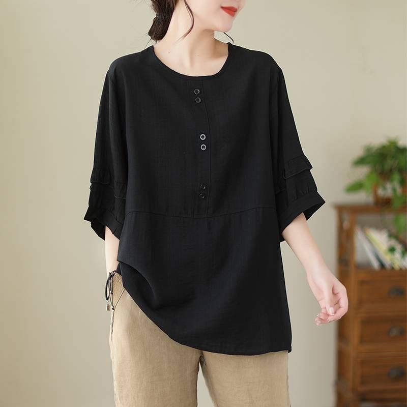 Round Neck Blouse with Three-Quarter Sleeves and Solid Color