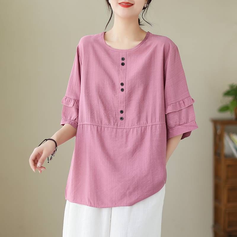 Round Neck Blouse with Three-Quarter Sleeves and Solid Color