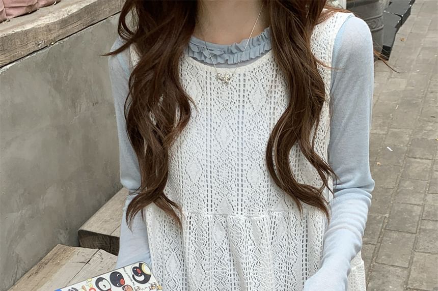Sheer Frill-Trim Long-Sleeve Tee with Lace Side-Tie Mini Dress
