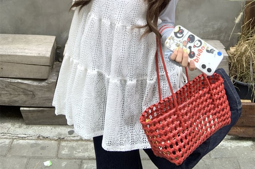 Sheer Frill-Trim Long-Sleeve Tee with Lace Side-Tie Mini Dress