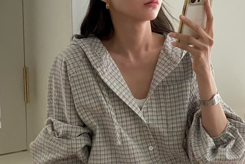 Plaid Hooded Button-Up Shirt with Long Sleeves