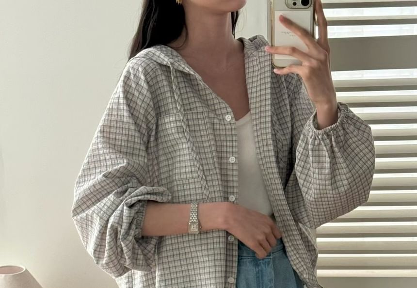 Plaid Hooded Button-Up Shirt with Long Sleeves