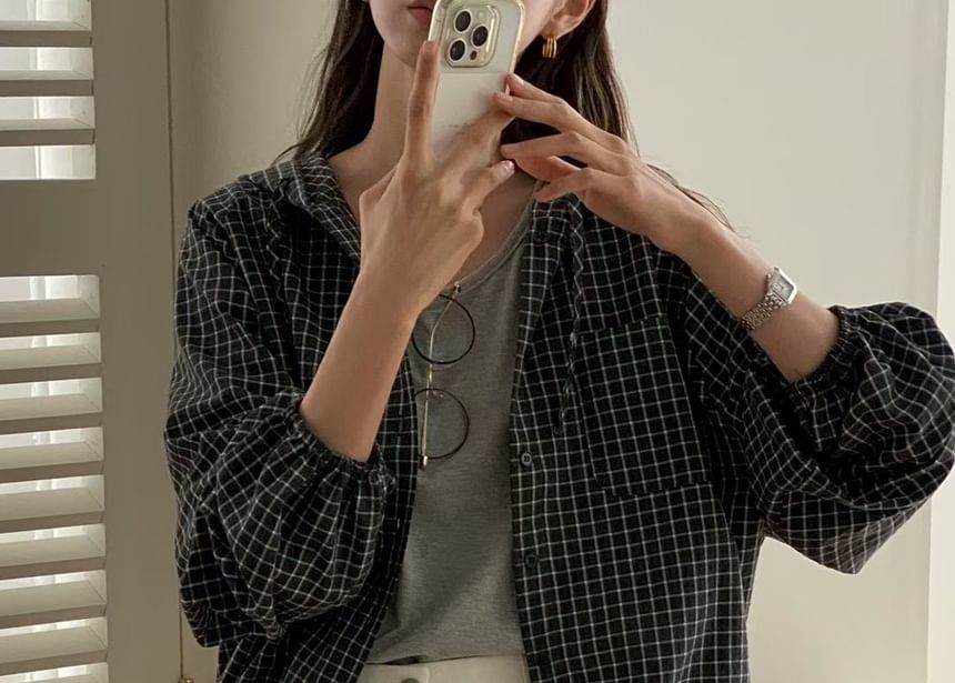 Plaid Hooded Button-Up Shirt with Long Sleeves