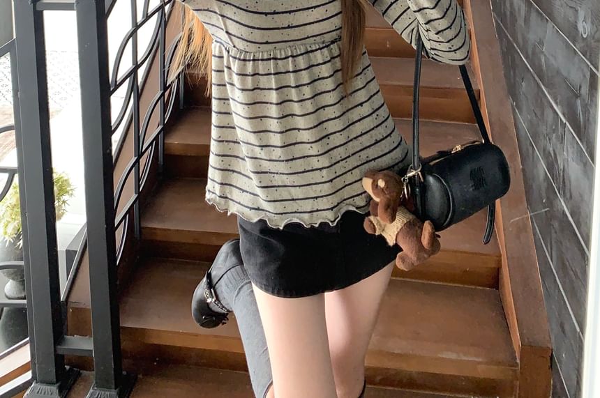 Striped Square Neck Tee with Lettuce Edge and Long Sleeves