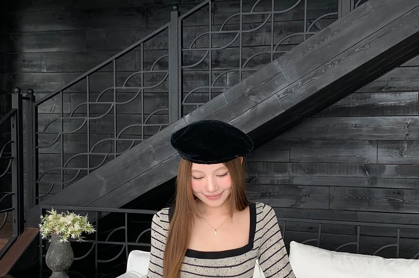 Striped Square Neck Tee with Lettuce Edge and Long Sleeves