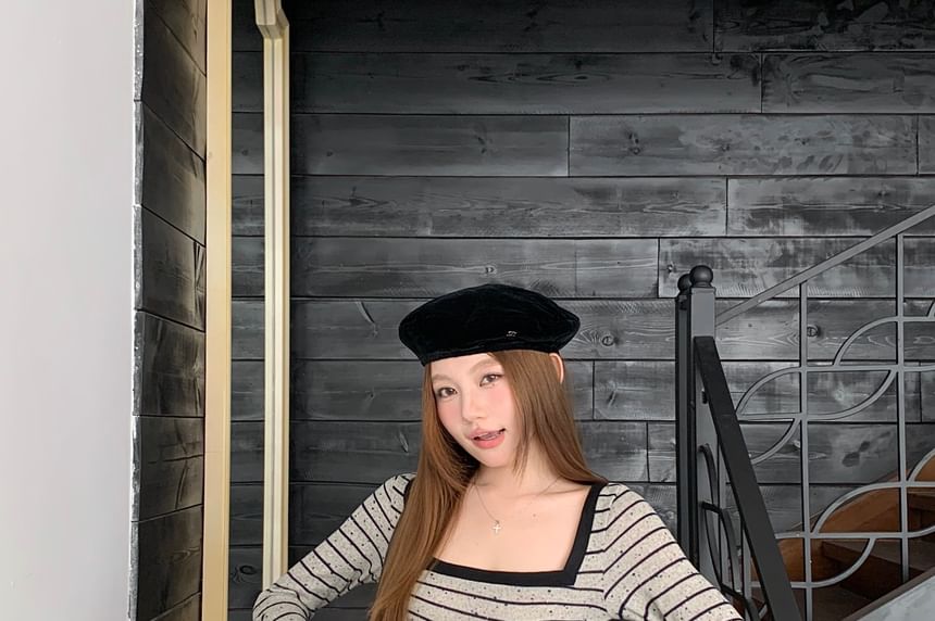 Striped Square Neck Tee with Lettuce Edge and Long Sleeves