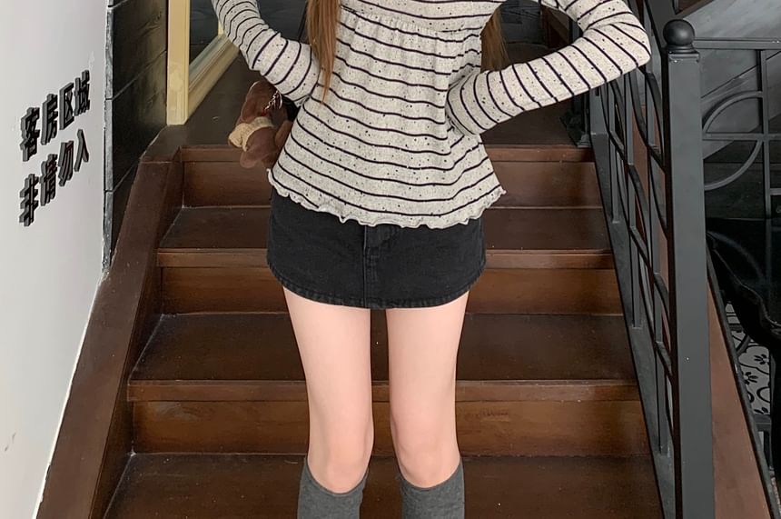 Striped Square Neck Tee with Lettuce Edge and Long Sleeves
