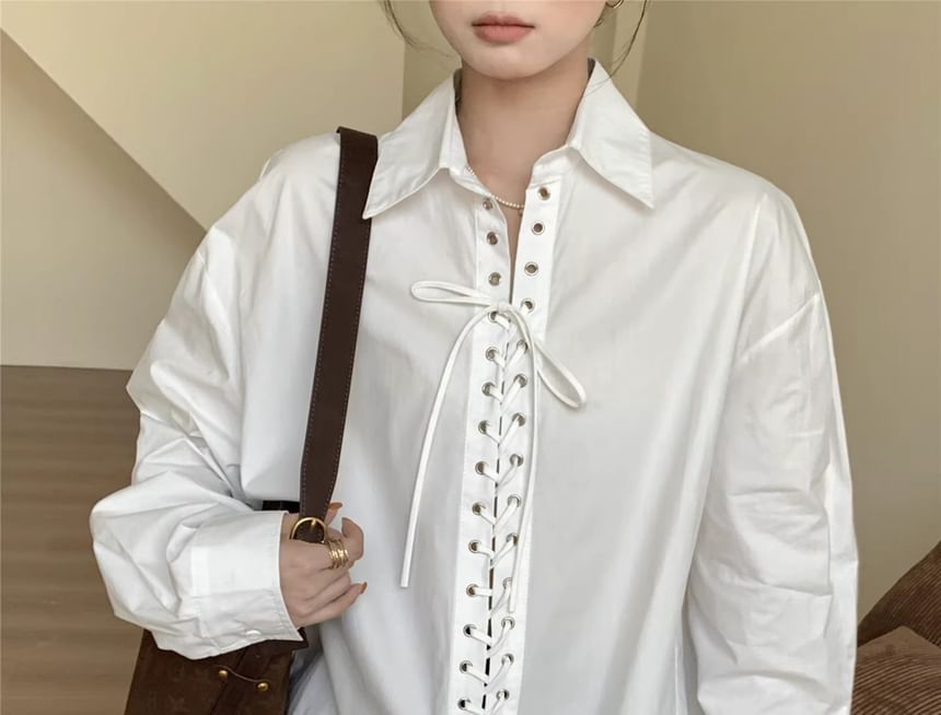 Collared Lace Up Long Sleeve Blouse