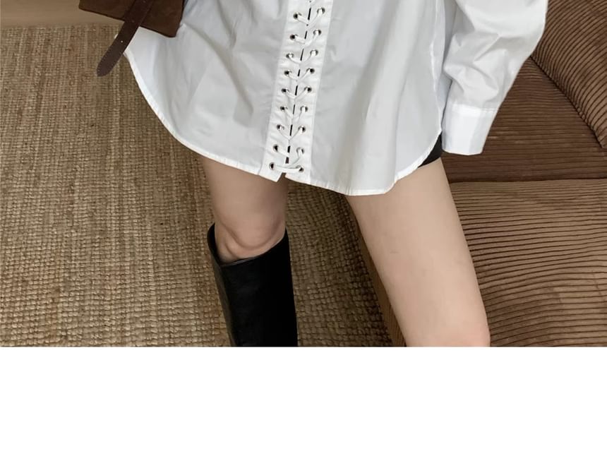 Collared Lace Up Long Sleeve Blouse