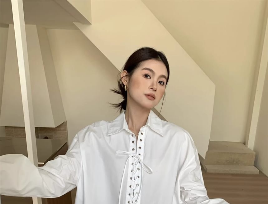 Collared Lace Up Long Sleeve Blouse
