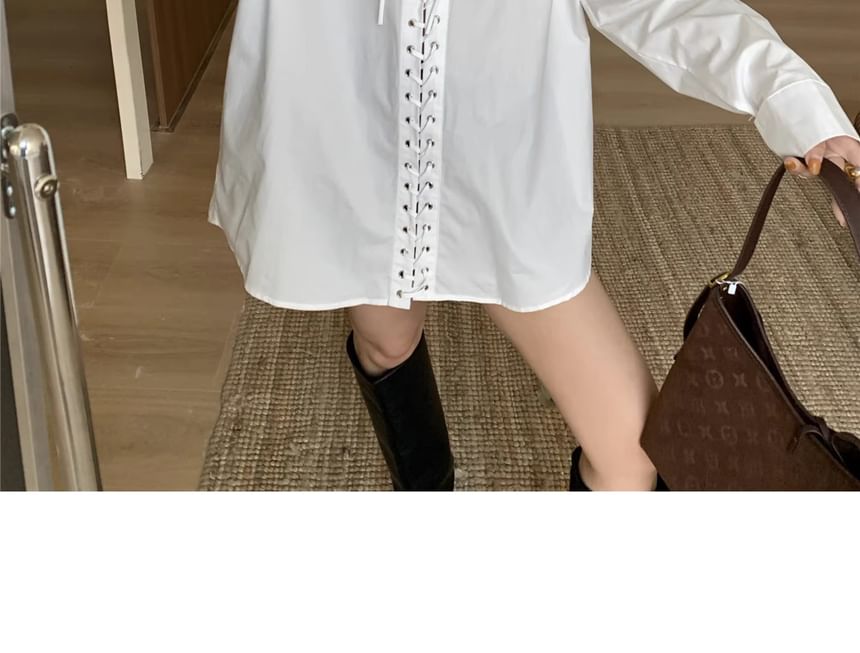 Collared Lace Up Long Sleeve Blouse