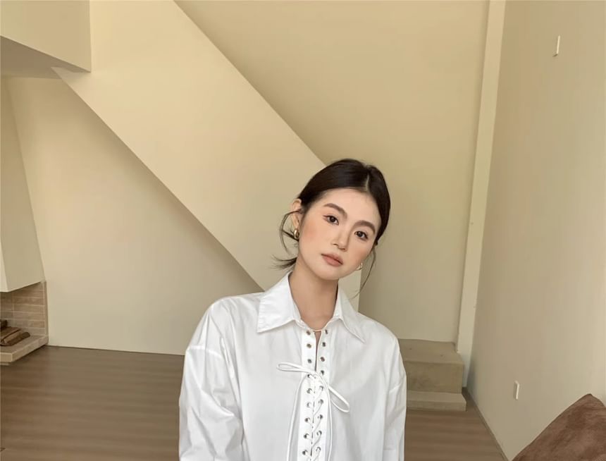 Collared Lace Up Long Sleeve Blouse