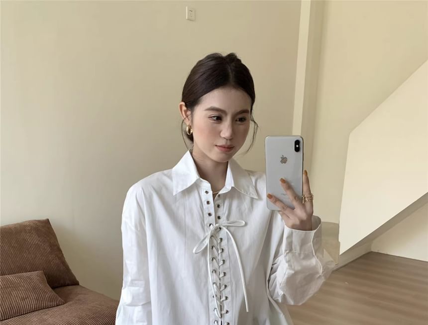 Collared Lace Up Long Sleeve Blouse