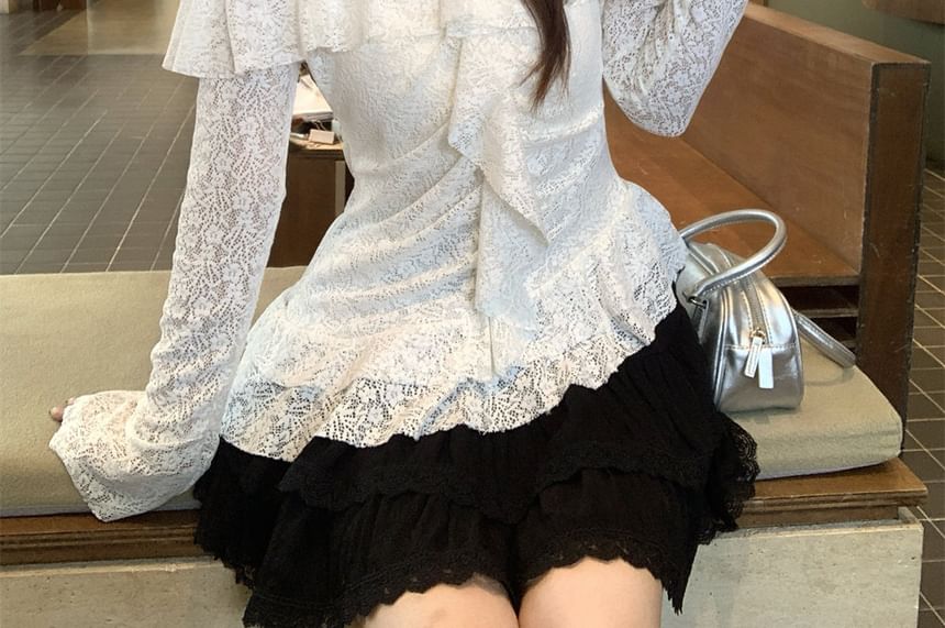 Cold Shoulder Asymmetrical Ruffle Lace Slim Top
