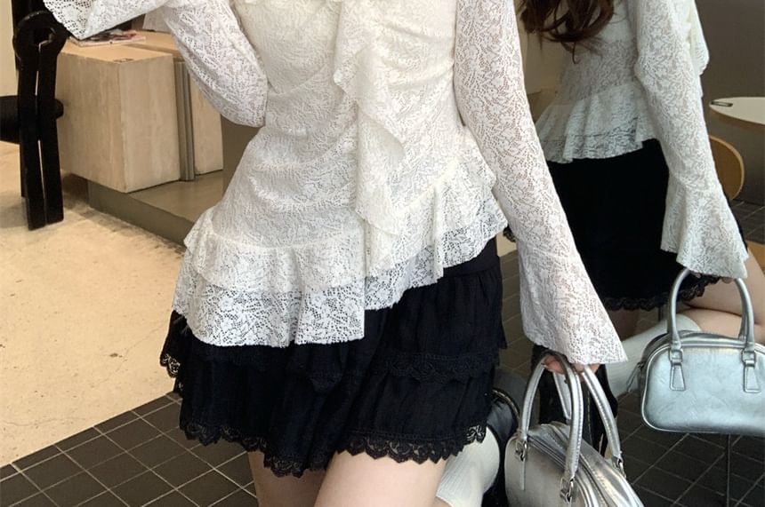 Cold Shoulder Asymmetrical Ruffle Lace Slim Top