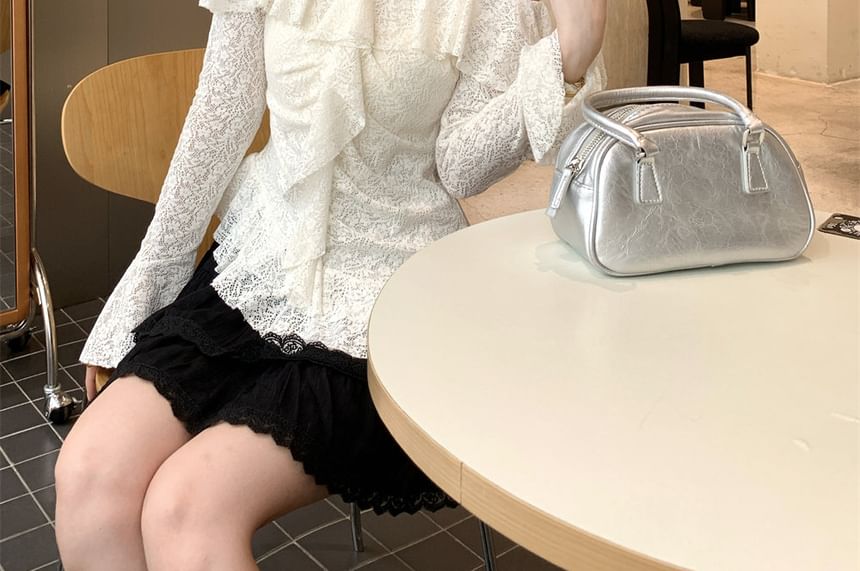 Cold Shoulder Asymmetrical Ruffle Lace Slim Top