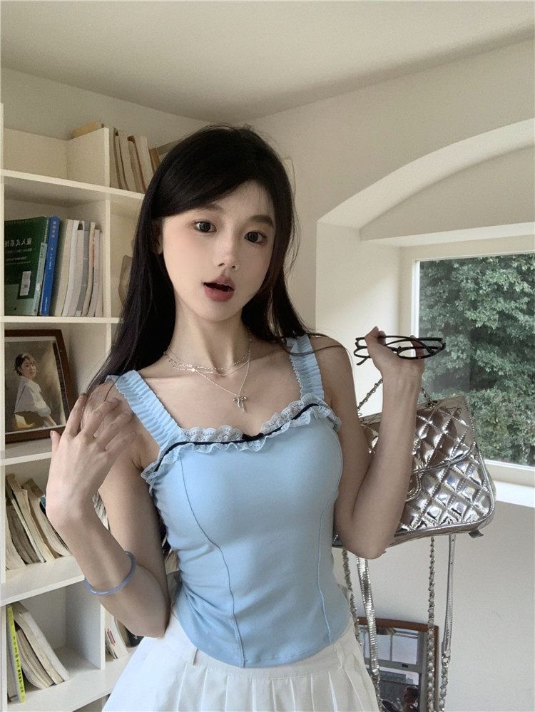 Square Neck Lace Trim Padded Crop Tank